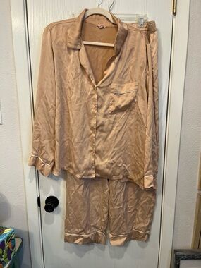 Eberjey Washable 100% Silk Long PJ Set Sz Large Pajamas Peach Luxury Soft